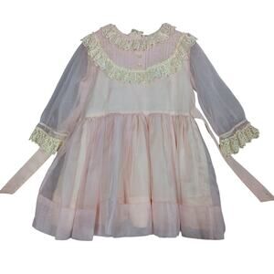 Vintage Genway California Dress Pink Sheer Long Sleeve Buttons on Back Ruffled